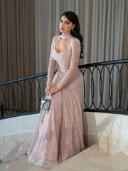 Dusty Rose Lace Prom Dresses 2025 with Long Sleeve & High Neck – FD5203