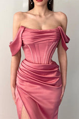 Dusty Rose Off-The-Shoulder Mermaid Prom Dress with Pleats and Split