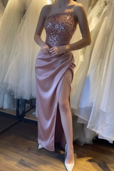 Glamorous Satin Black Prom Dress with Sequins Sleeveless High Slit Evening Dress
