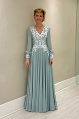 Dusty Sage Aline Chiffon Mother of the Bride Dress Long Sleeves with Appliques