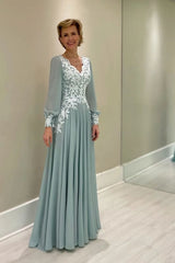 Dusty Sage Aline Chiffon Mother of the Bride Dress Long Sleeves with Appliques