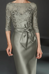 Bateau 3/4 Long Sleeves Satin Mother of the Bride Dresses with Lace