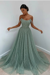 Sparkly Sky Blue Off-the-Shoulder Prom Dress Long with Sequins