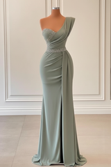 Sage One-Shoulder Split Mermaid Prom Dress With Beadings