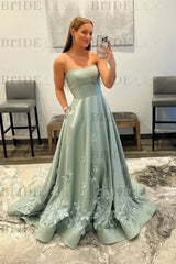 Strapless Light Blue Satin Prom Dresses 3D Flowers A-line Evening Dresses with Pocket