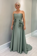 Dusty Blue Satin Mother of the Bride Dress Strapless with Flowers