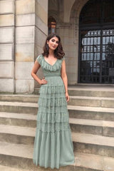 V Neck Ruffles Yellow Tulle Long Prom Dress