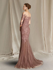 Aimishang  Mermaid / Trumpet Mother of the Bride Dress Formal Wedding Guest Elegant Scoop Neck Sweep / Brush Train Lace Tulle Half Sleeve with Appliques