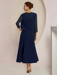 Aimishang  Two Piece A-Line Mother of the Bride Dress Formal Wedding Guest Elegant Scoop Neck Tea Length Chiffon Lace 3/4 Length Sleeve Jacket Dresses with Sash / Ribbon Appliques