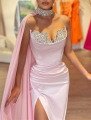Mermaid Evening Gown Black Dress Dress Formal Masquerade Carival Sweep / Brush Train Sleeveless Strapless Capes Satin with Rhinestone Ruched Slit