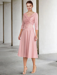 A-Line Mother of the Bride Dress Vintage Elegant V Neck Tea Length Satin Lace Half Sleeve with Appliques Side-Draped