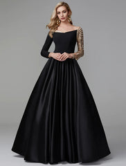 Black Sparkle Formal Evening Dress Off Shoulder Long Sleeve Floor Length Satin with Sequin