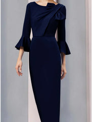A-Line Mother of the Bride Dress Wedding Guest Elegant Scoop Neck Ankle Length Stretch Fabric 3/4 Length Sleeve with Bow(s) Ruching Solid Color