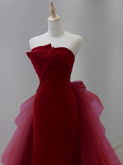 Mermaid Tulle Velvet Burgundy Long Prom Dress, Burgundy Long Evening Dress