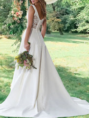 Wholesale Hall Open Back Simple Wedding Dresses A-Line V Neck Sleeveless Sweep / Brush Train Satin Bridal Gowns With Appliques