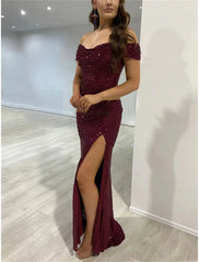 Mermaid / Trumpet Prom Dresses Sparkle Dress Formal Evening Party Sweep / Brush Train Sleeveless Cowl Neck Sequined with Ruched Sequin Slit