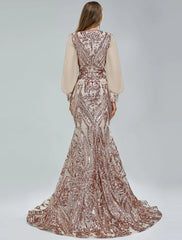 Mermaid / Trumpet Evening Gown Sparkle & Shine Dress Formal Wedding Guest Sweep / Brush Train Long Sleeve V Neck Lace with Sequin Appliques
