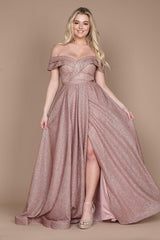 Long Off Shoulder Glitter Prom Dress