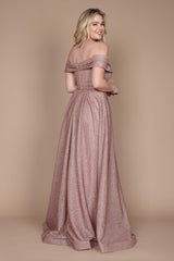 Long Off Shoulder Glitter Prom Dress