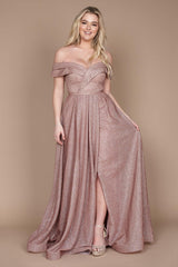 Long Off Shoulder Glitter Prom Dress