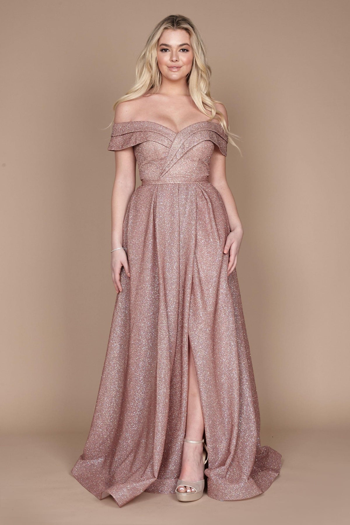 Long Off Shoulder Glitter Prom Dress