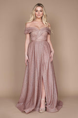 Long Off Shoulder Glitter Prom Dress