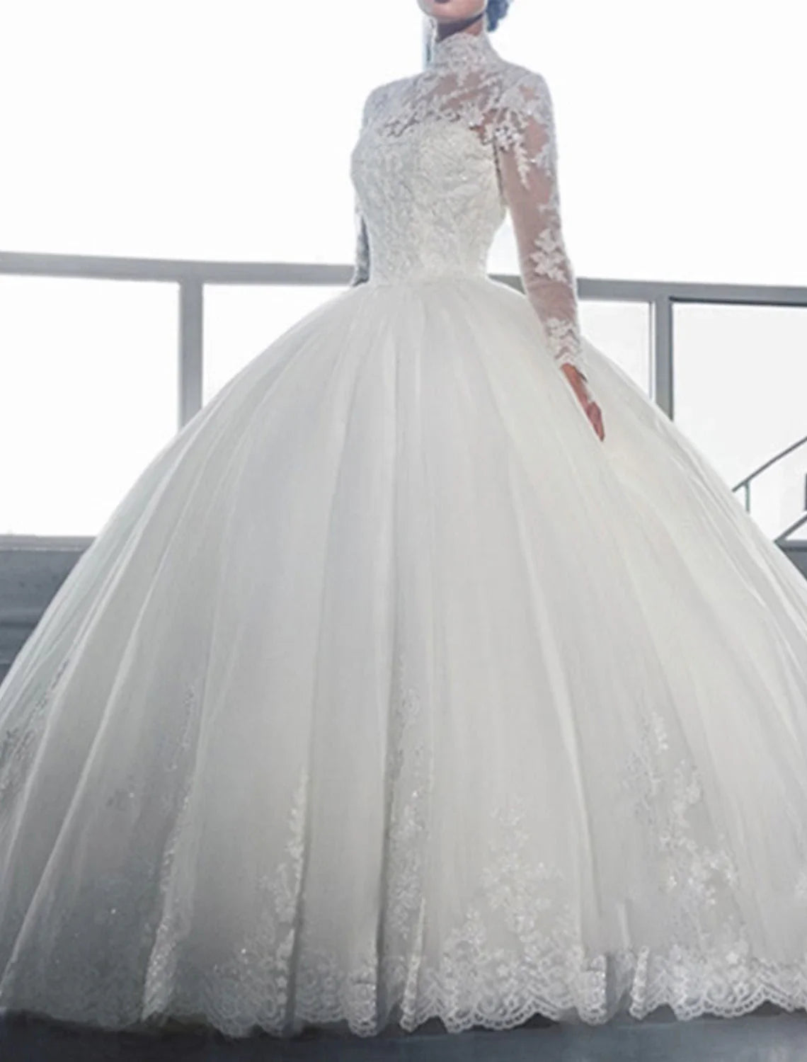 Engagement Formal Wedding Dresses Ball Gown High Neck Long Sleeve Sweep / Brush Train Lace Bridal Gowns With Beading Appliques