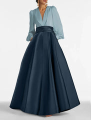 A-Line Evening Gown Elegant Wedding Guest Dress Formal Prom Floor Length Long Sleeve V Neck Satin with Ruched