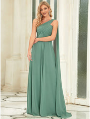 A-Line Evening Gown Empire Dress Wedding Guest Formal Evening Floor Length Sleeveless One Shoulder Bridesmaid Dress Chiffon Backless with Pleats Draping