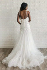 A-Line Tulle White Spaghetti Straps Wedding Dress with