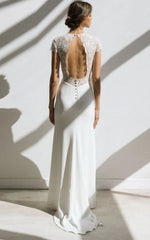 Modest Simple Sheath Short Sleeve Empire Floor-Length Sweep Train Chiffon V-neck Wedding Dress