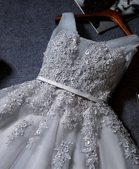 Gray tulle lace short prom dress, gray tulle homecoming dress