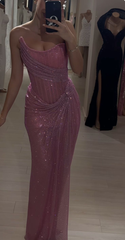Elegant Pink Strapless Mermaid Split Long Party Dress Evening Gown, HZ0319