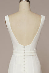 White Mermaid Square Neck Sweep Train Satin Wedding Dress Long
