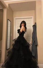 Black Aesthetic Ruffle Prom Dress Ball Gown Glam Dresses