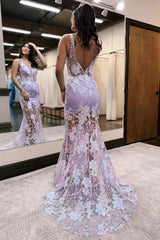 V Neck Mermaid Lavender Sequin Lace Long Prom Dresses