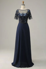 Navy blue decal sequin bridal mother dress