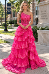 Gold Tulle Sequin One-Shoulder Ruffle Long Prom Dress with Slit