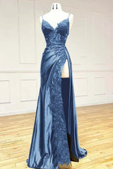 Black fashion classy sexy V-neck exquisite lace spaghetti straps side slits long satin prom dress evening dress party dress gh2611