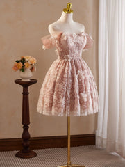 A-Line Off Shoulder Tulle Lace Short Prom Dress