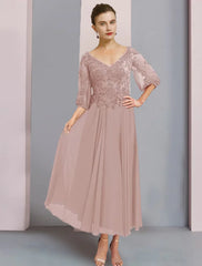 Two Piece A-Line Mother of the Bride Dress Formal Wedding Guest Elegant V Neck Tea Length Chiffon Lace 3/4 Length Sleeve Wrap Included with Pleats Appliques