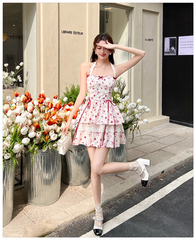 New Fashion Red Floral Print Bow Design A-line Halter Dress HZ1024