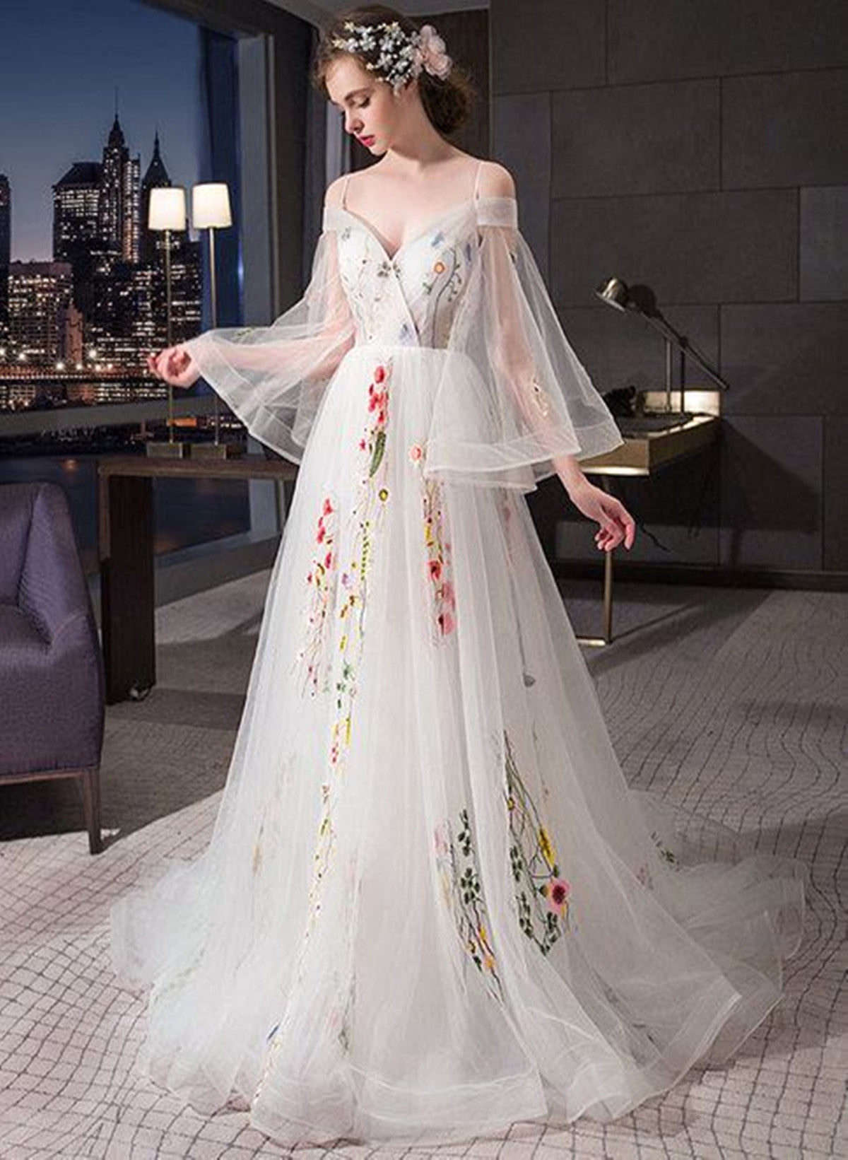 Ivory Tulle Sweetheart Long Wedding Dress with Lace, Ivory Tulle Party Dress