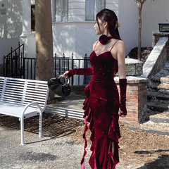 Vintage Glittering Sequin Sweetheart Spaghetti Strap Ruffled High Slit Prom Dress Evening Dress HZ1024