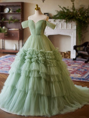 A-Line off Shoulder Tulle Green Long Prom Dress, Green Sweet 16 Dress