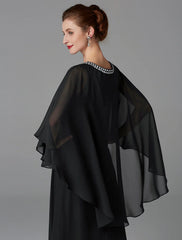 A-Line Mother of the Bride Dress Wedding Guest Elegant Cape Dress Plus Size Jewel Neck Floor Length Chiffon Sleeveless with Beading