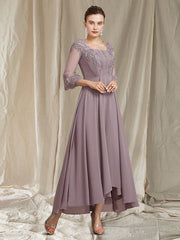 Sheath / Column Mother of the Bride Dress Elegant High Low Square Neck Asymmetrical Ankle Length Chiffon Lace 3/4 Length Sleeve with Pleats Appliques