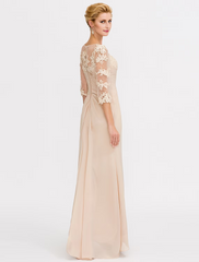 A-Line Mother of the Bride Dress Plus Size Elegant  V Neck Floor Length Chiffon Half Sleeve with Appliques Side Draping