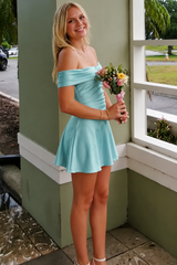 Pink Satin Off-Shoulder A-Line Pleats Short Party Homecoming Dress