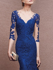 Mermaid / Trumpet Evening Gown Elegant Dress Formal Wedding Guest Floor Length Half Sleeve V Neck Tulle with Buttons Appliques
